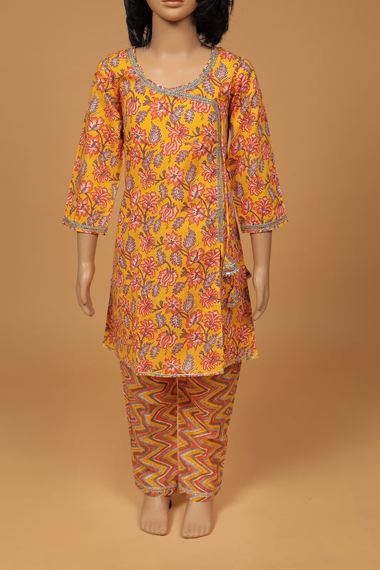 Vibrant Orange Floral Cotton Angrakha Kurti with Pant and Dupatta Set