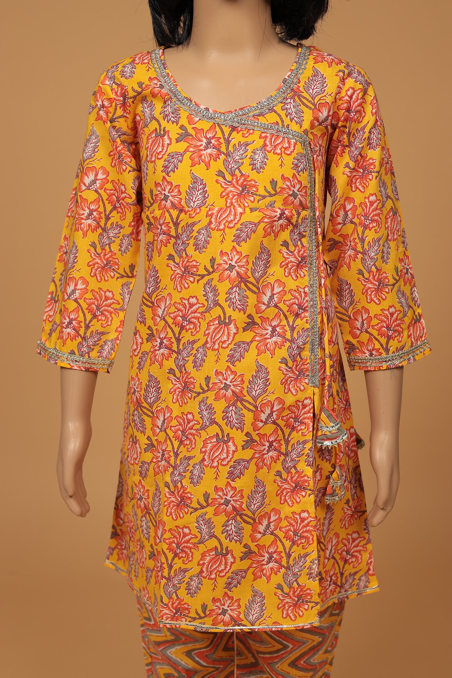 Vibrant Orange Floral Cotton Angrakha Kurti with Pant and Dupatta Set