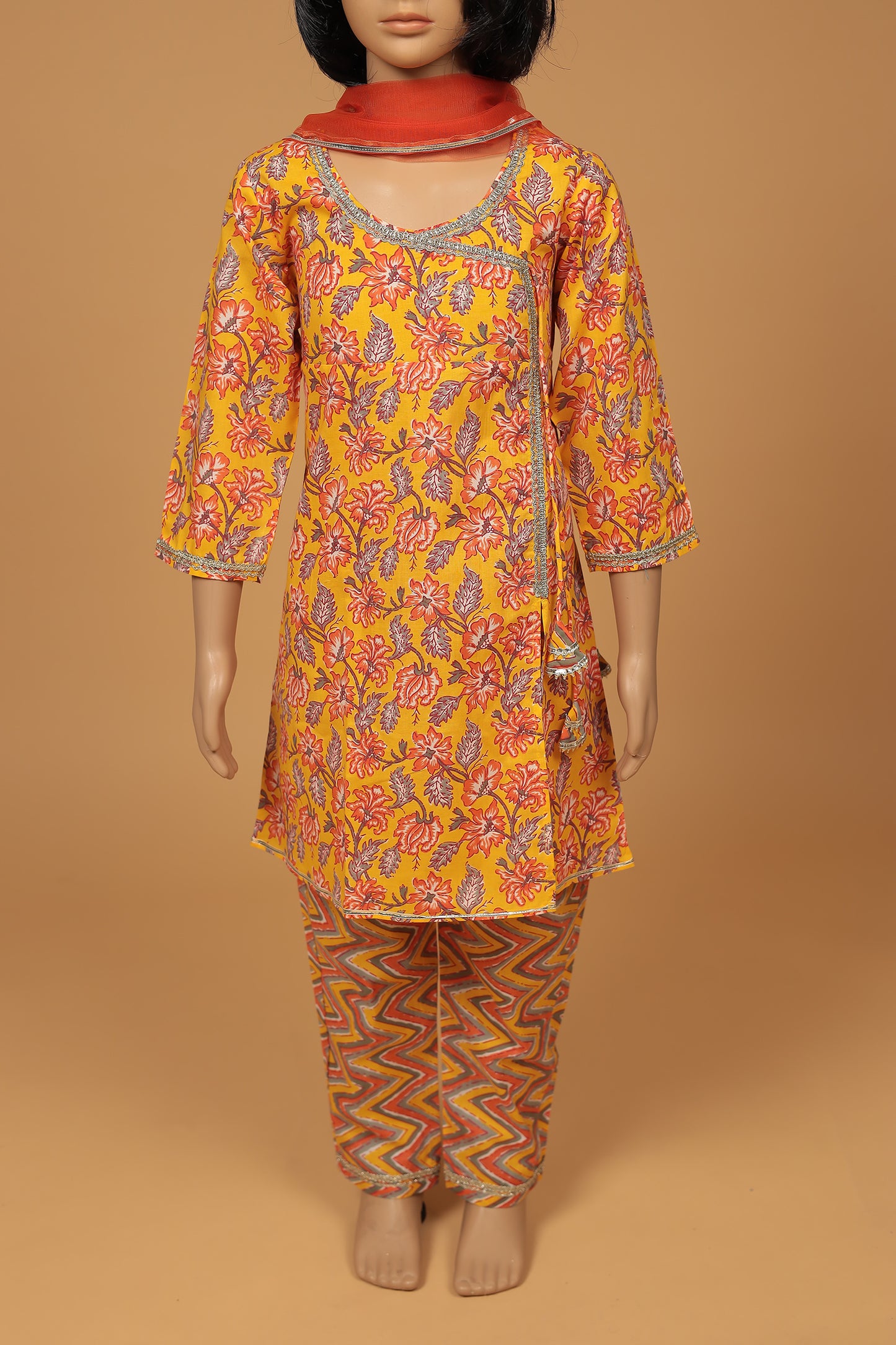 Vibrant Orange Floral Cotton Angrakha Kurti with Pant and Dupatta Set