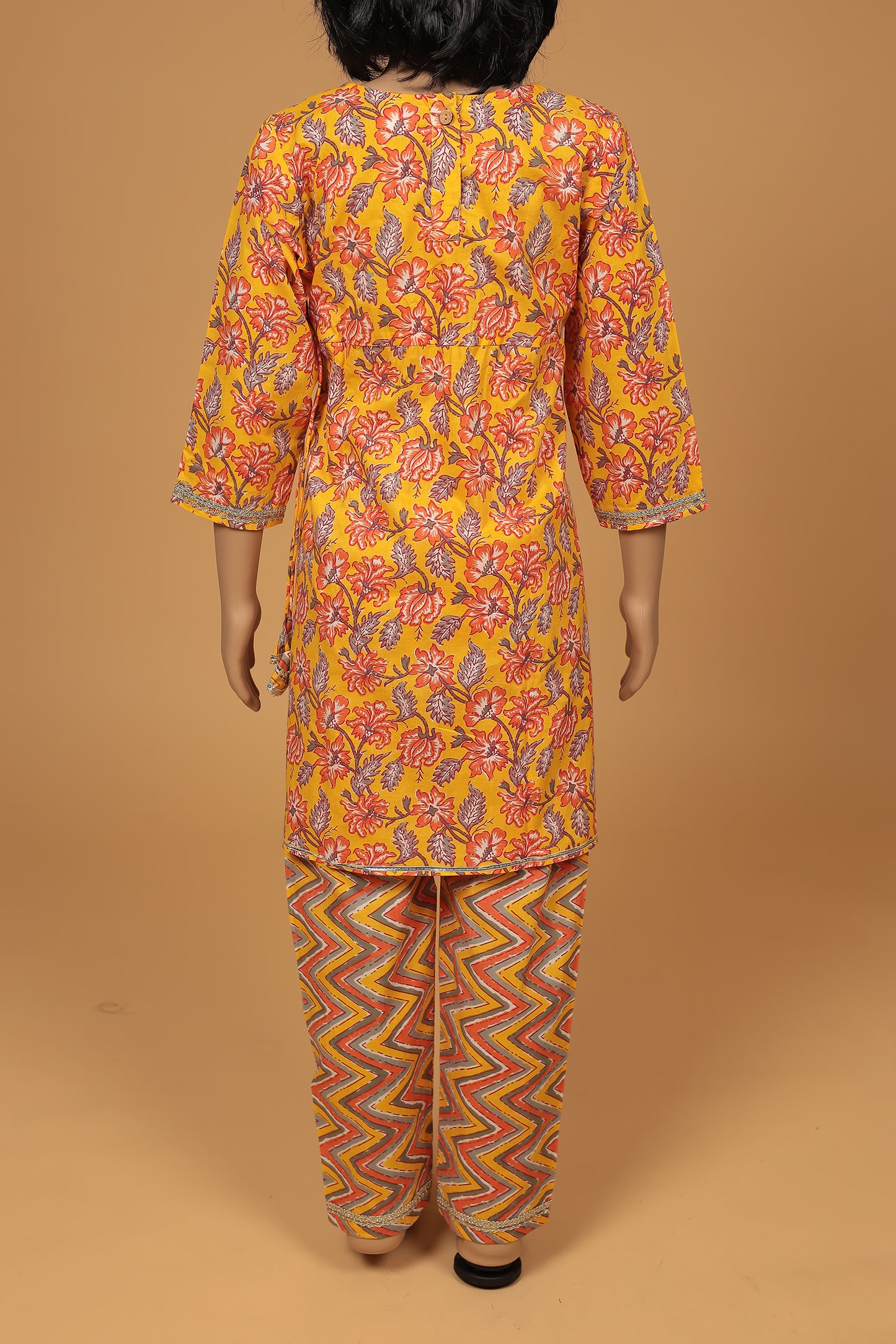 Vibrant Orange Floral Cotton Angrakha Kurti with Pant and Dupatta Set