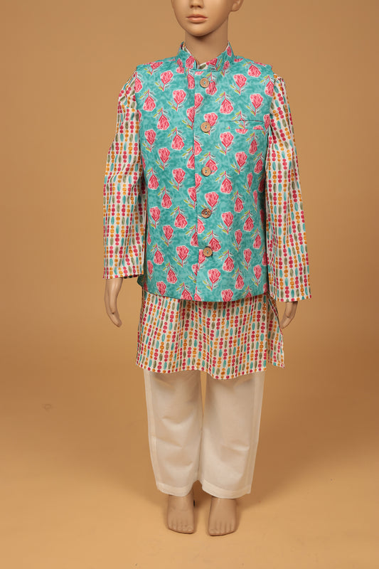 Blue Floral Cotton Kurta with jacket Set