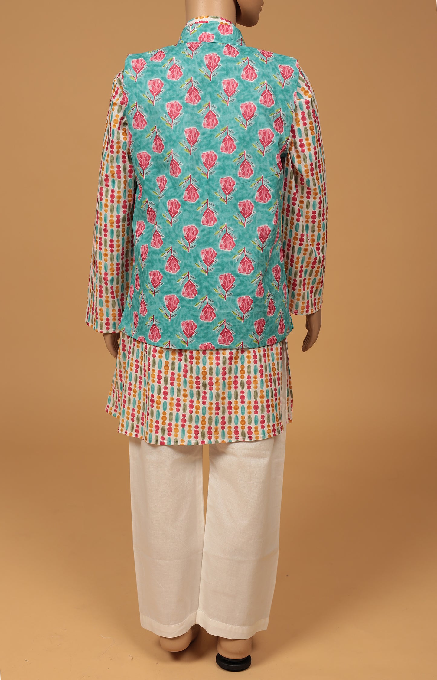 Blue Floral Cotton Kurta with jacket Set