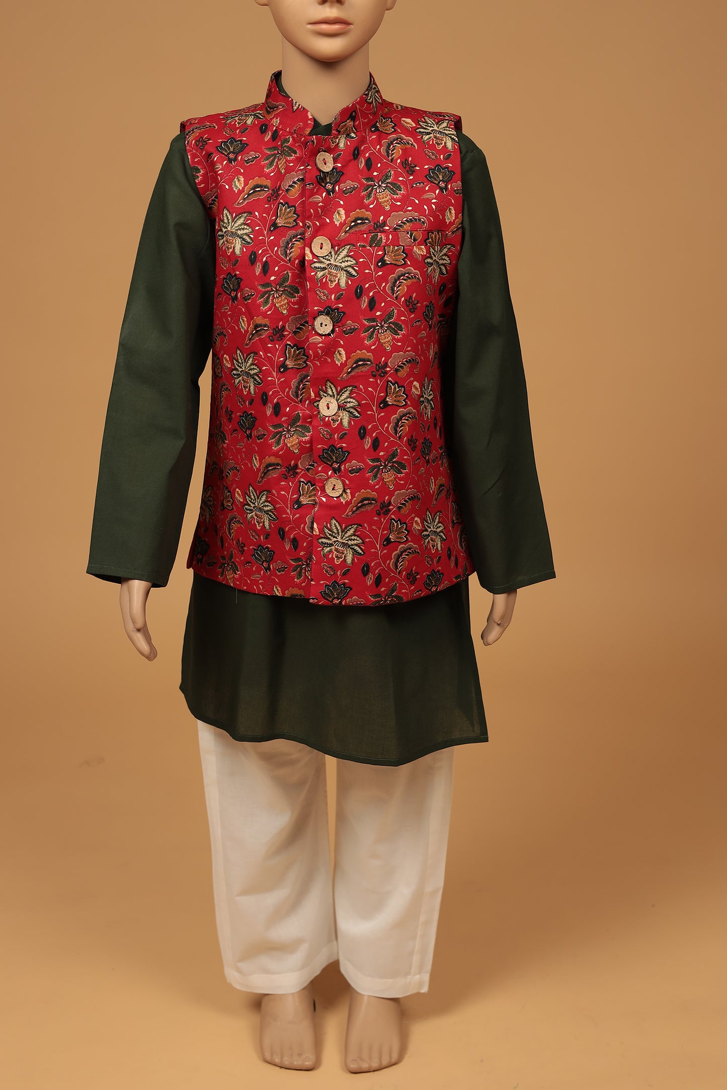 Red Floral Cotton Kurta with jacket Set