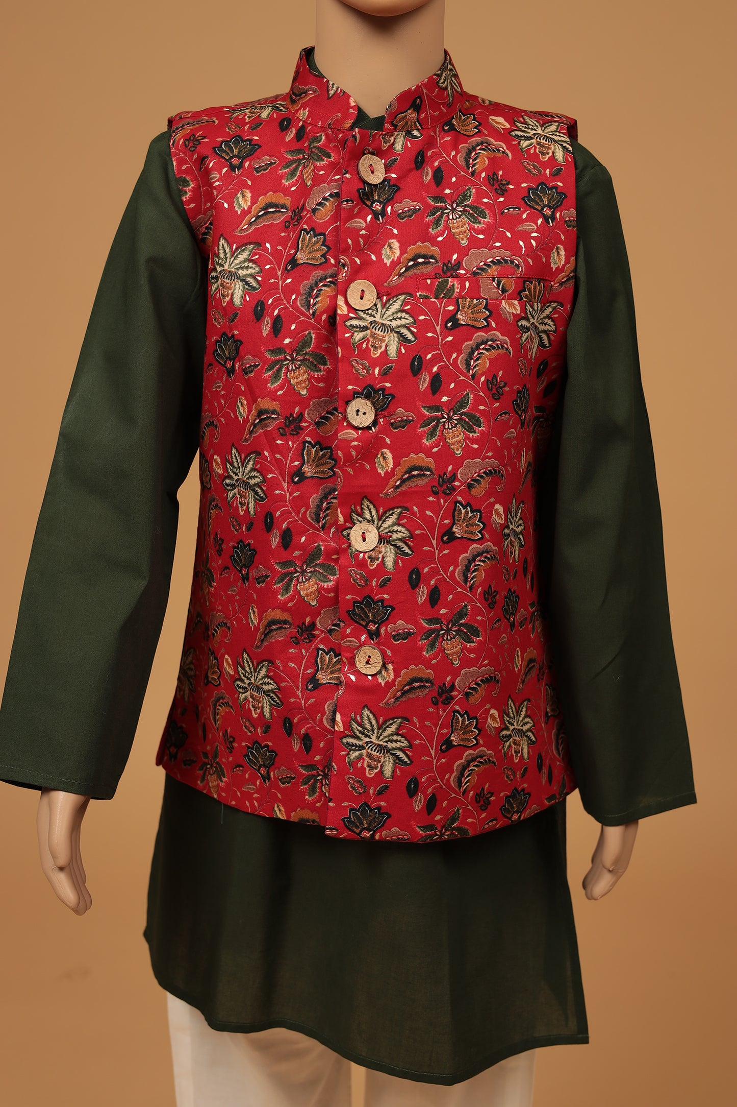 Red Floral Cotton Kurta with jacket Set