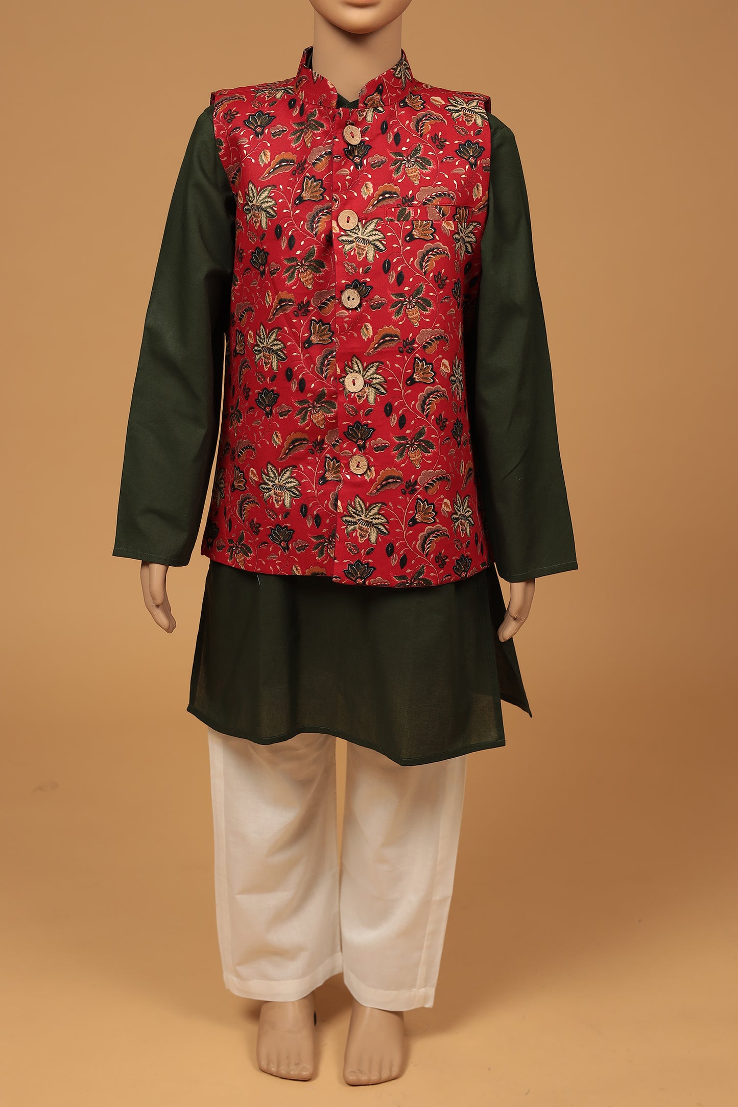 Red Floral Cotton Kurta with jacket Set