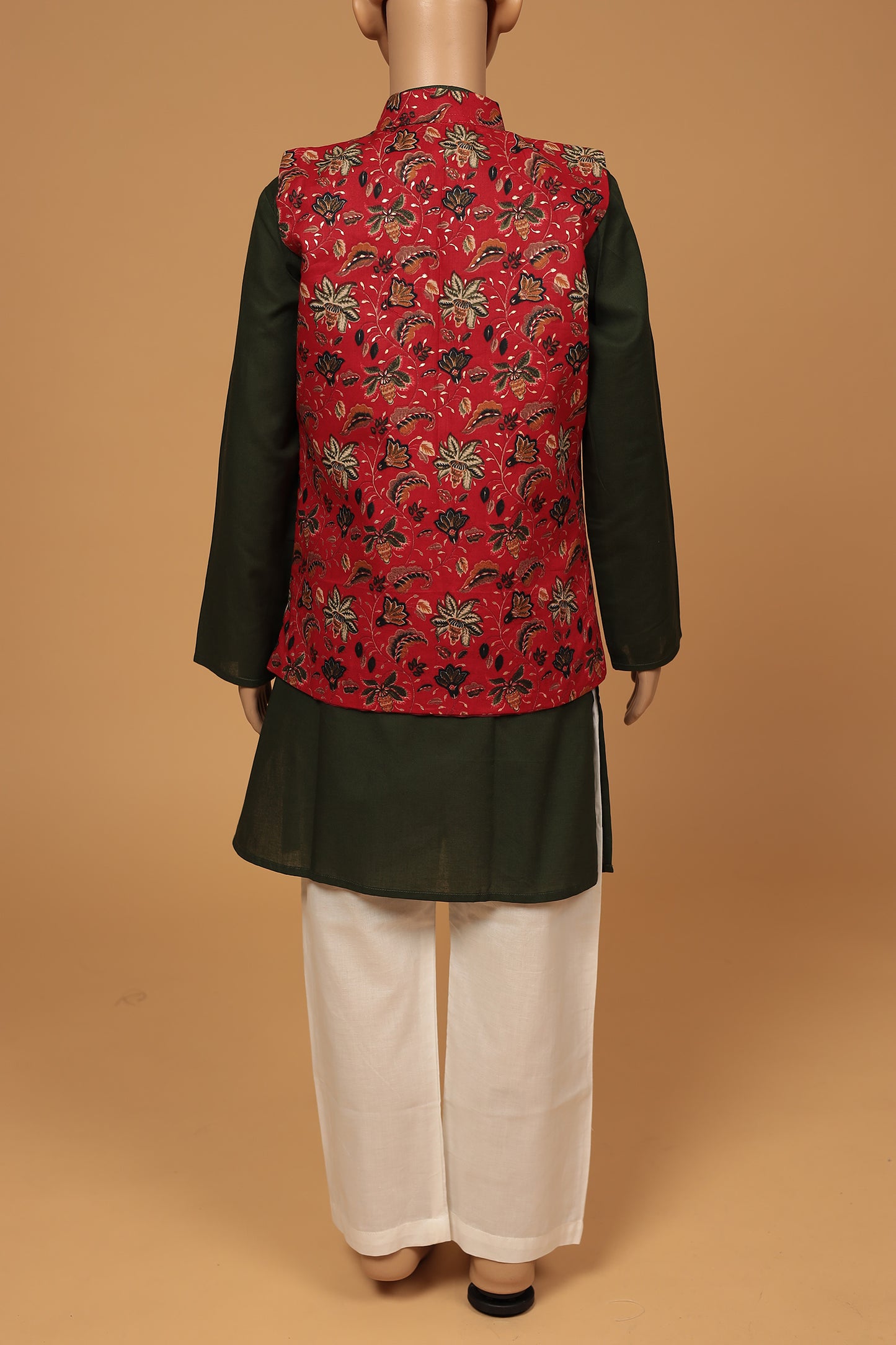 Red Floral Cotton Kurta with jacket Set