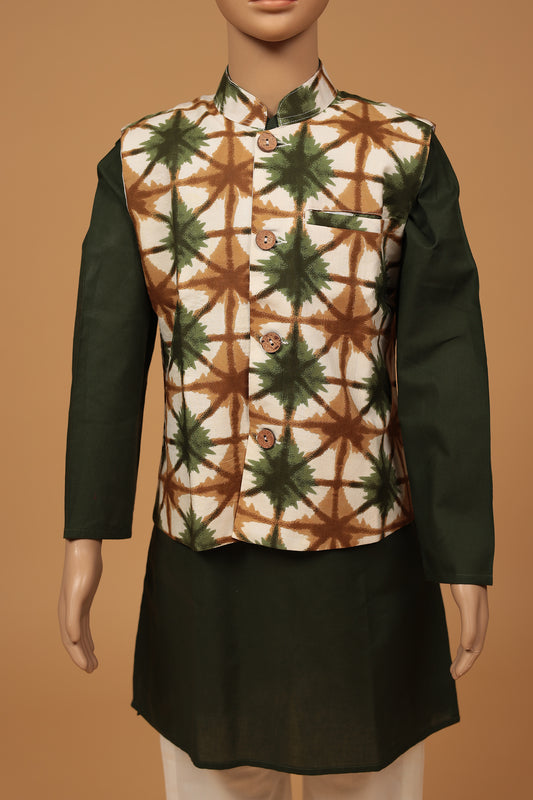 Green Floral Cotton Kurta with jacket Set