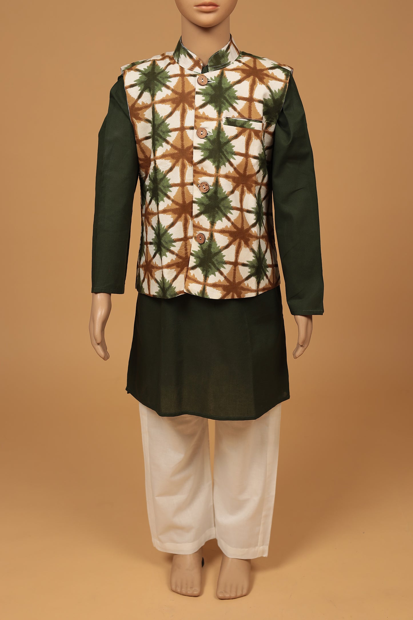 Green Floral Cotton Kurta with jacket Set