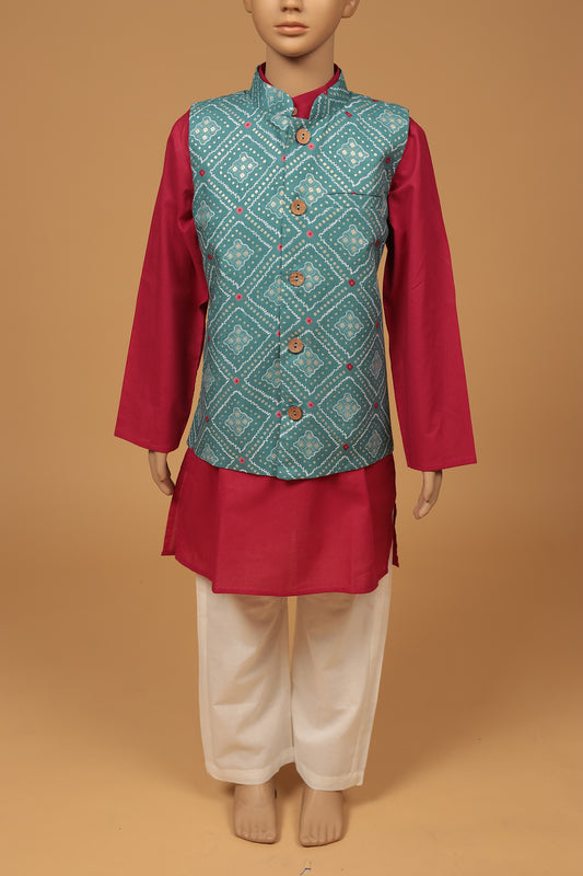 Blue Grey Floral Cotton Kurta with jacket Set