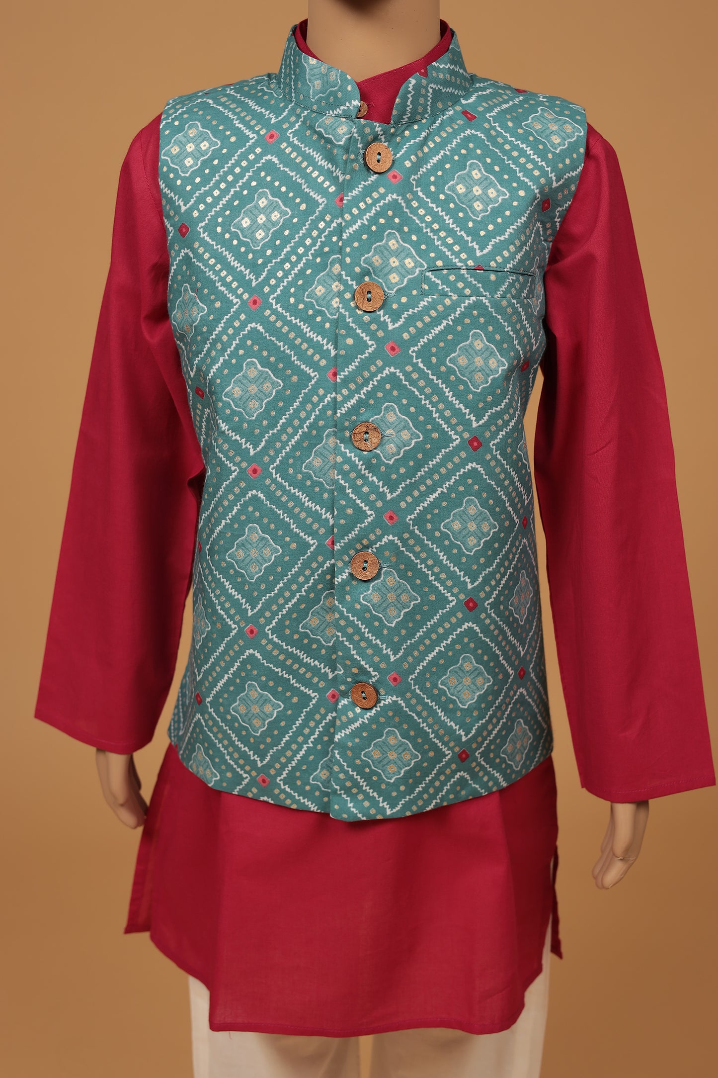 Blue Grey Floral Cotton Kurta with jacket Set