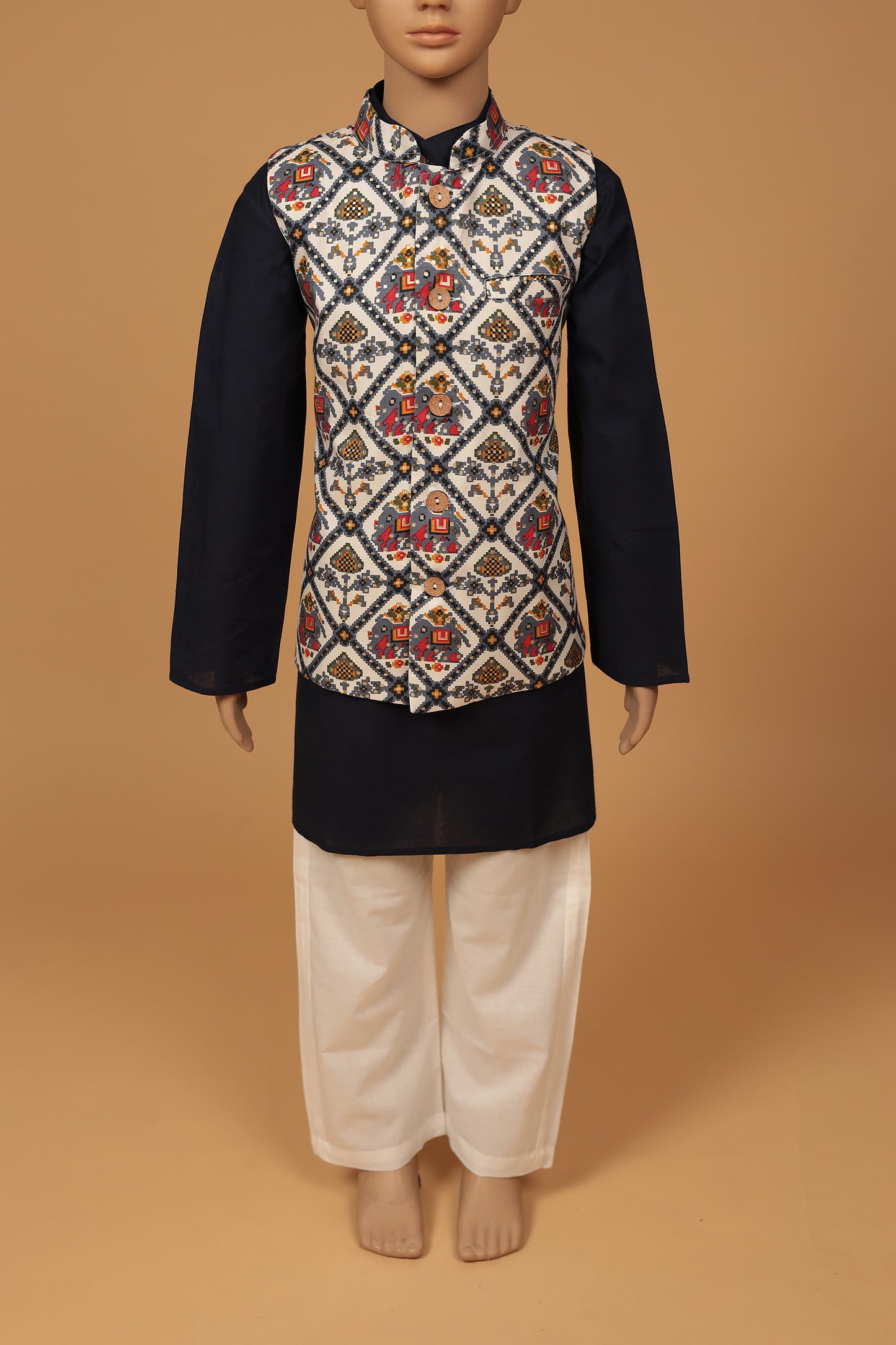 Elegant White Elephant Print Cotton Patola Jacket Kurta and Pajama Set