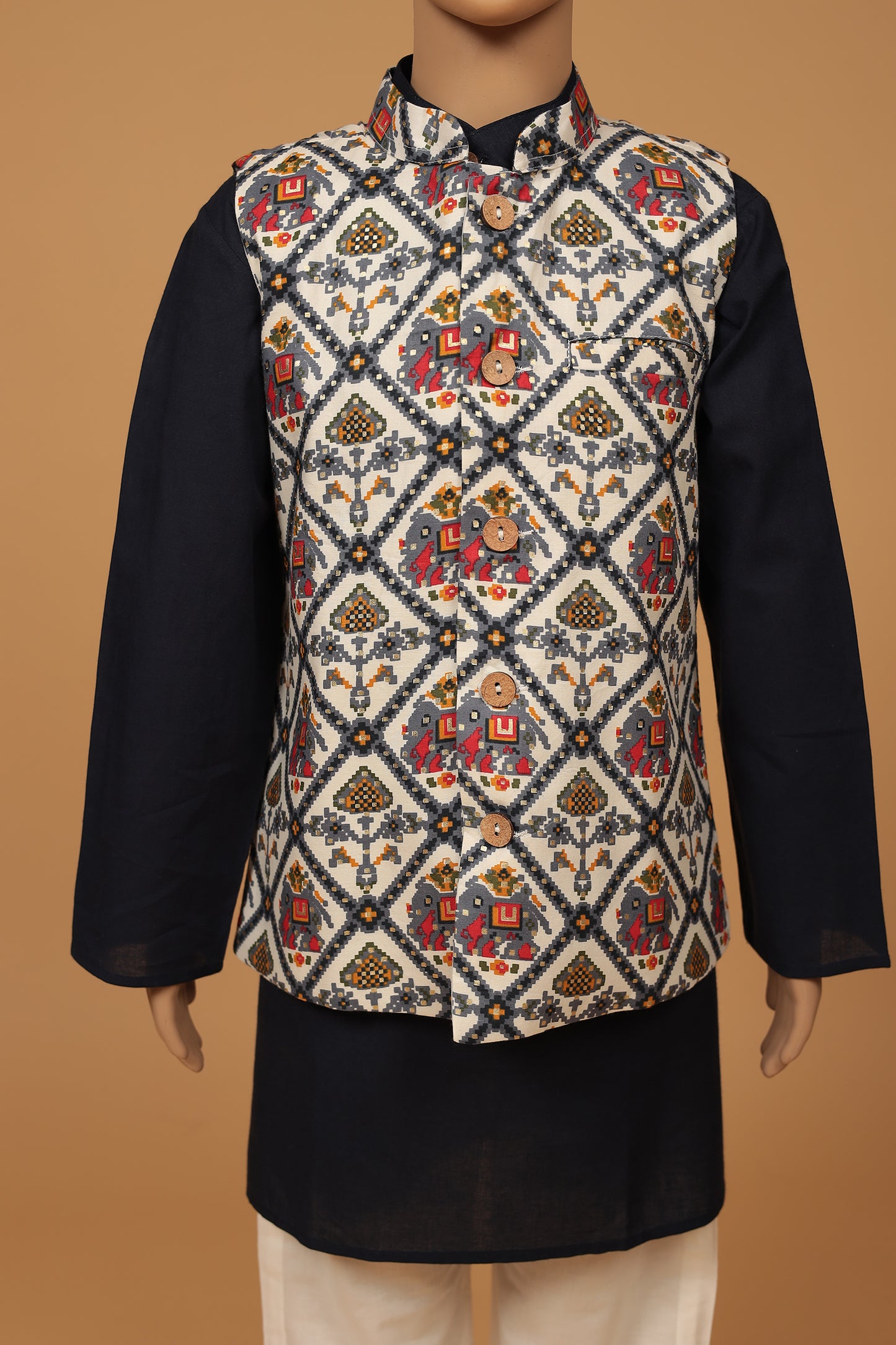 Elegant White Elephant Print Cotton Patola Jacket Kurta and Pajama Set