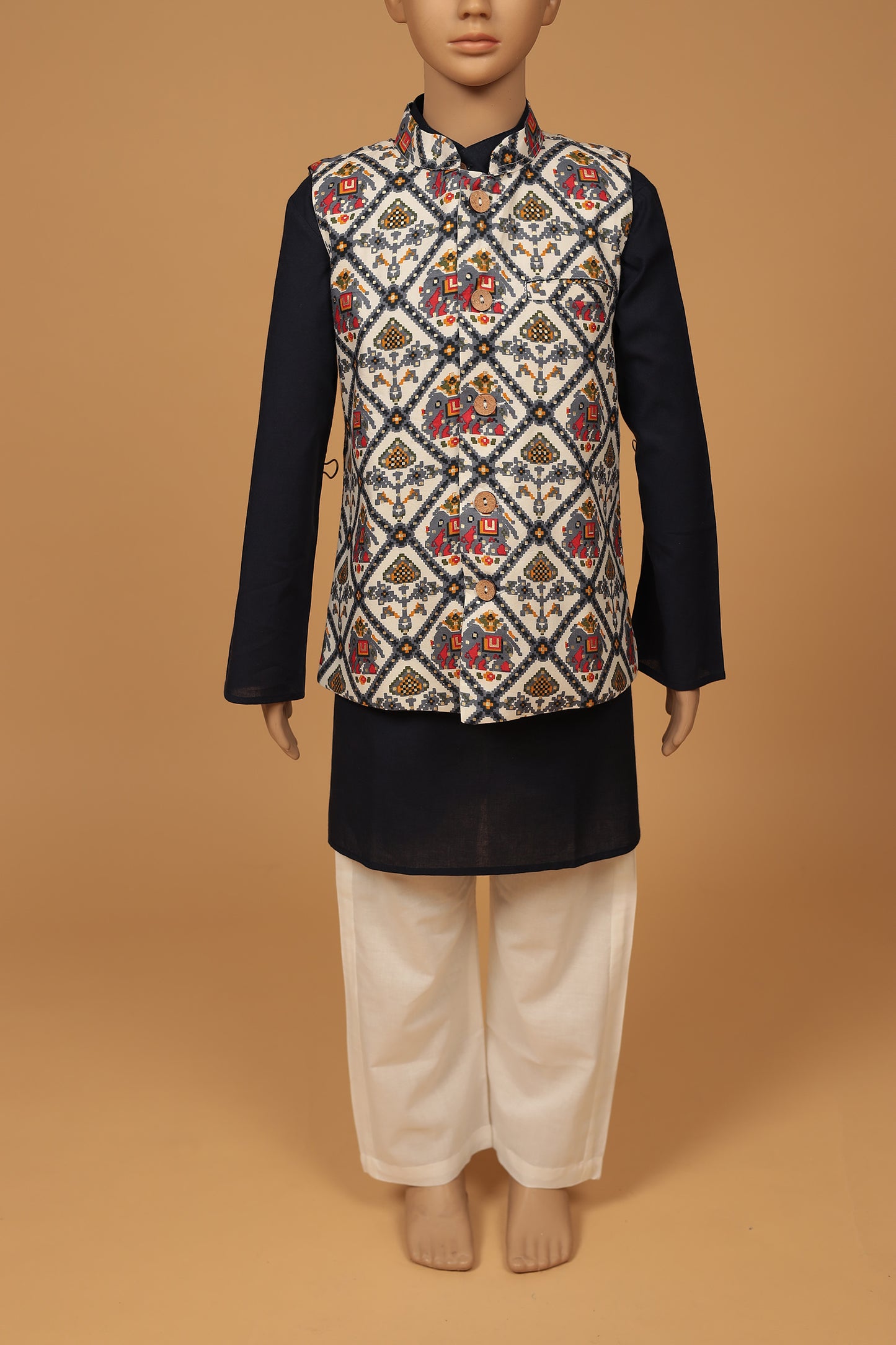 Elegant White Elephant Print Cotton Patola Jacket Kurta and Pajama Set