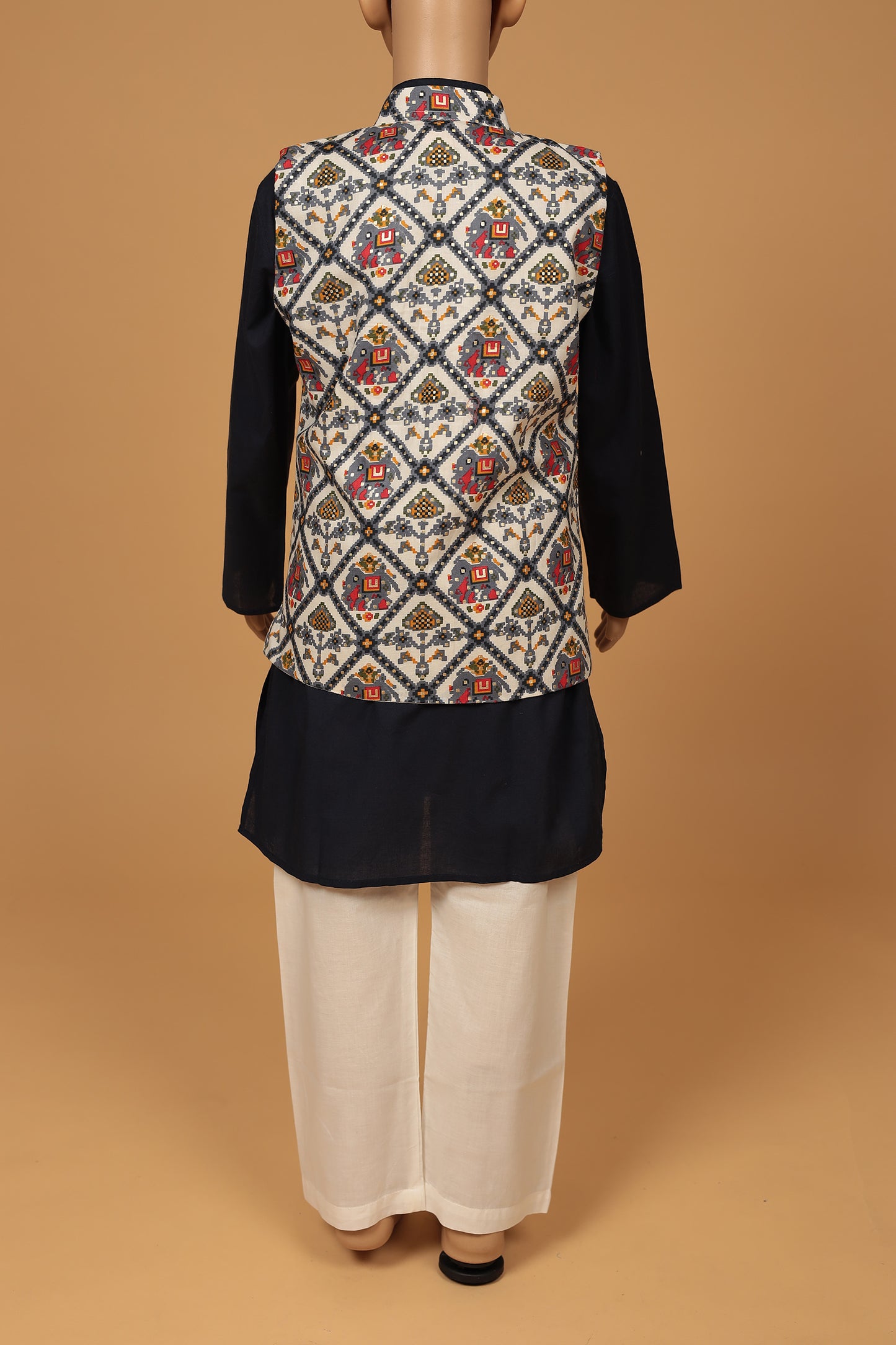 Elegant White Elephant Print Cotton Patola Jacket Kurta and Pajama Set