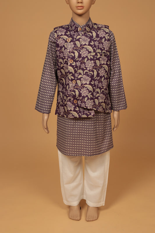 Chic Purple Floral Print Cotton Jacket Kurta and Pajama Set