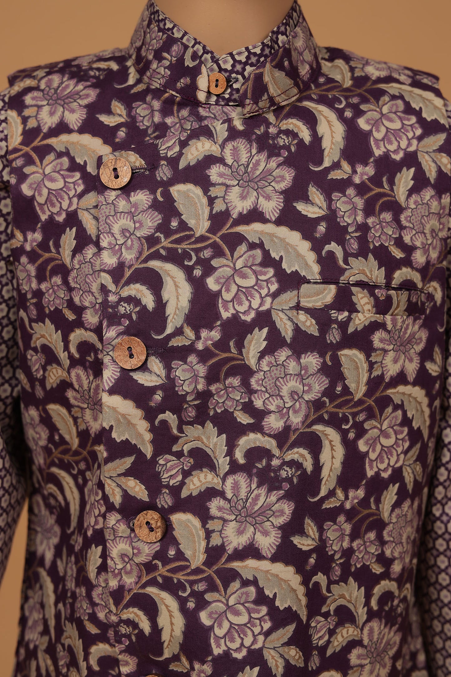 Chic Purple Floral Print Cotton Jacket Kurta and Pajama Set