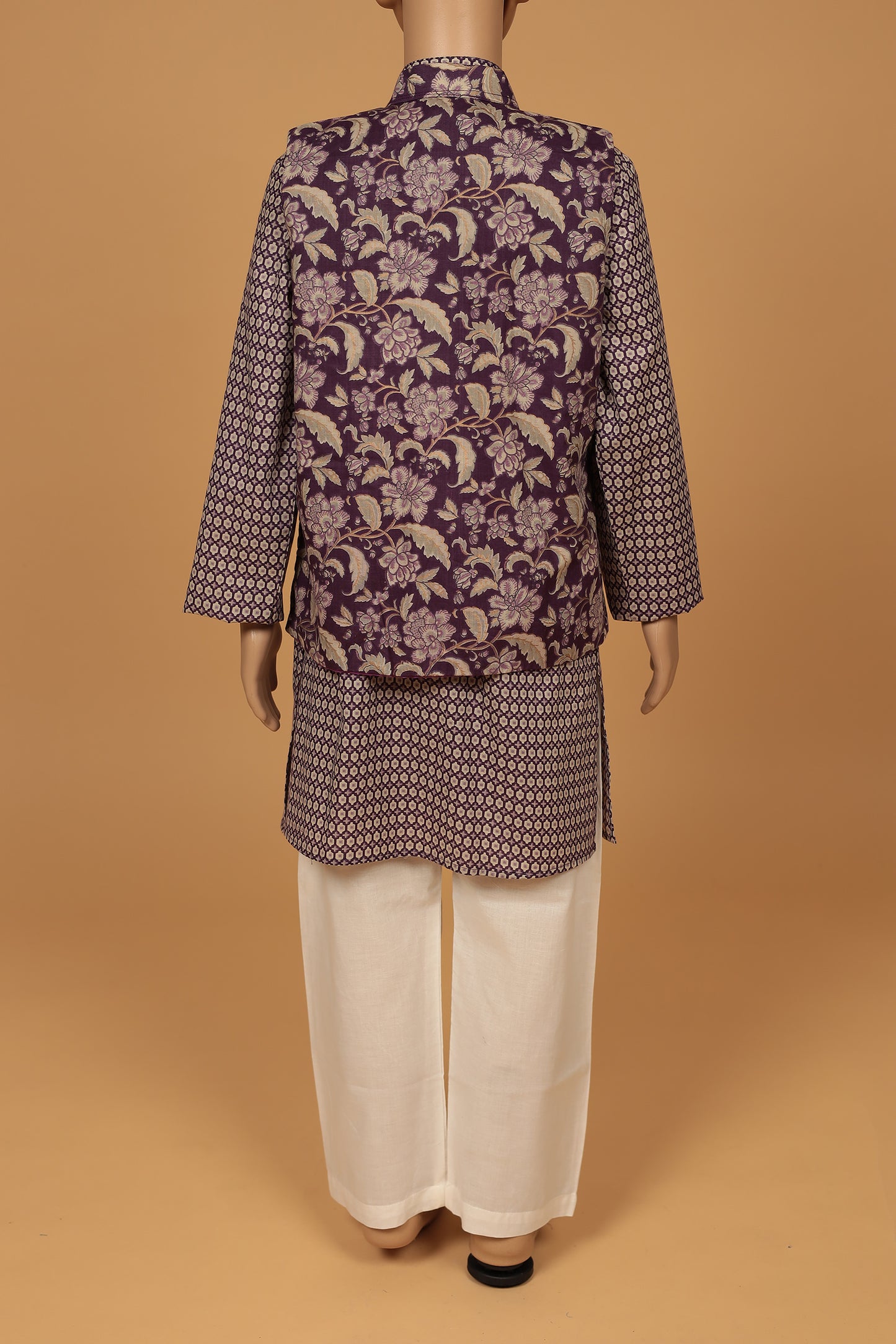 Chic Purple Floral Print Cotton Jacket Kurta and Pajama Set