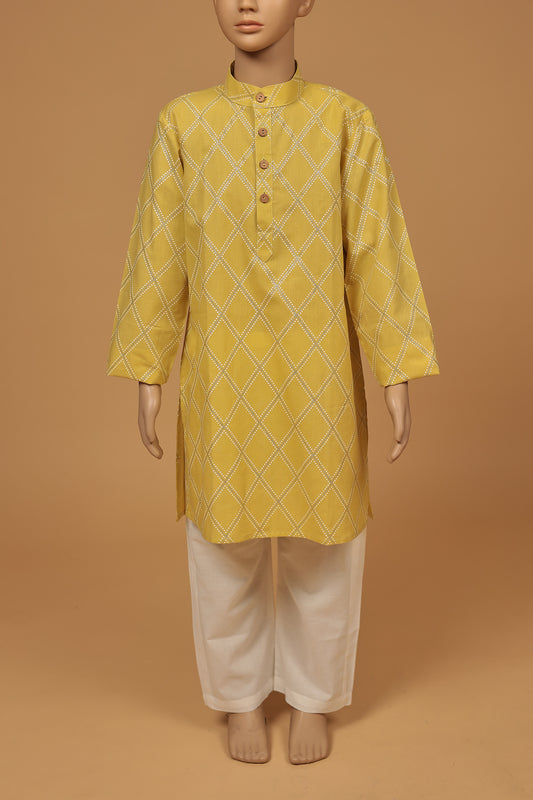 Radiant Yellow Cotton Silver Foil Kurta with Pajama Set