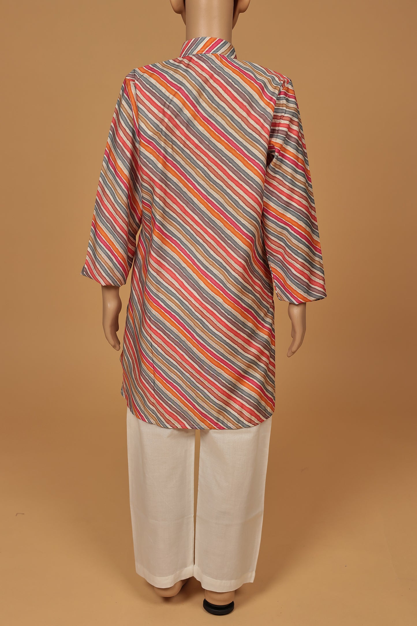 Traditional Grey and orange Cotton Lehariya Kurta with Pajama Set for Boys