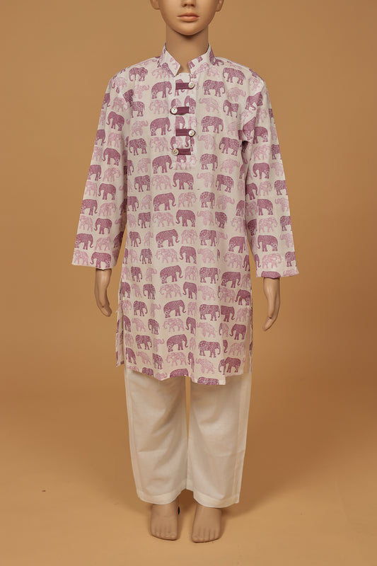 Elegant Purple Elephant Print Cotton Kurta with Pajama Set