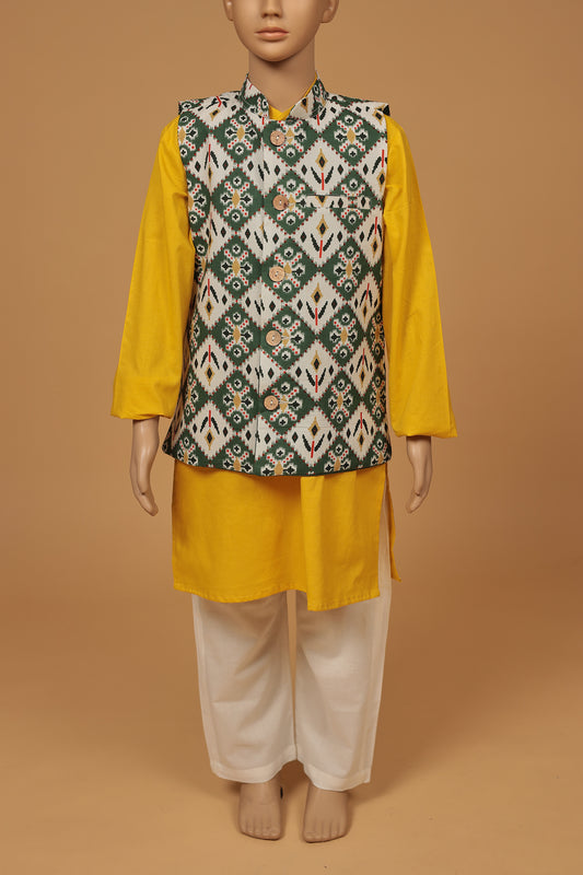 Chic Green and yellow Floral Print Cotton Jacket Kurta and Pajama Set