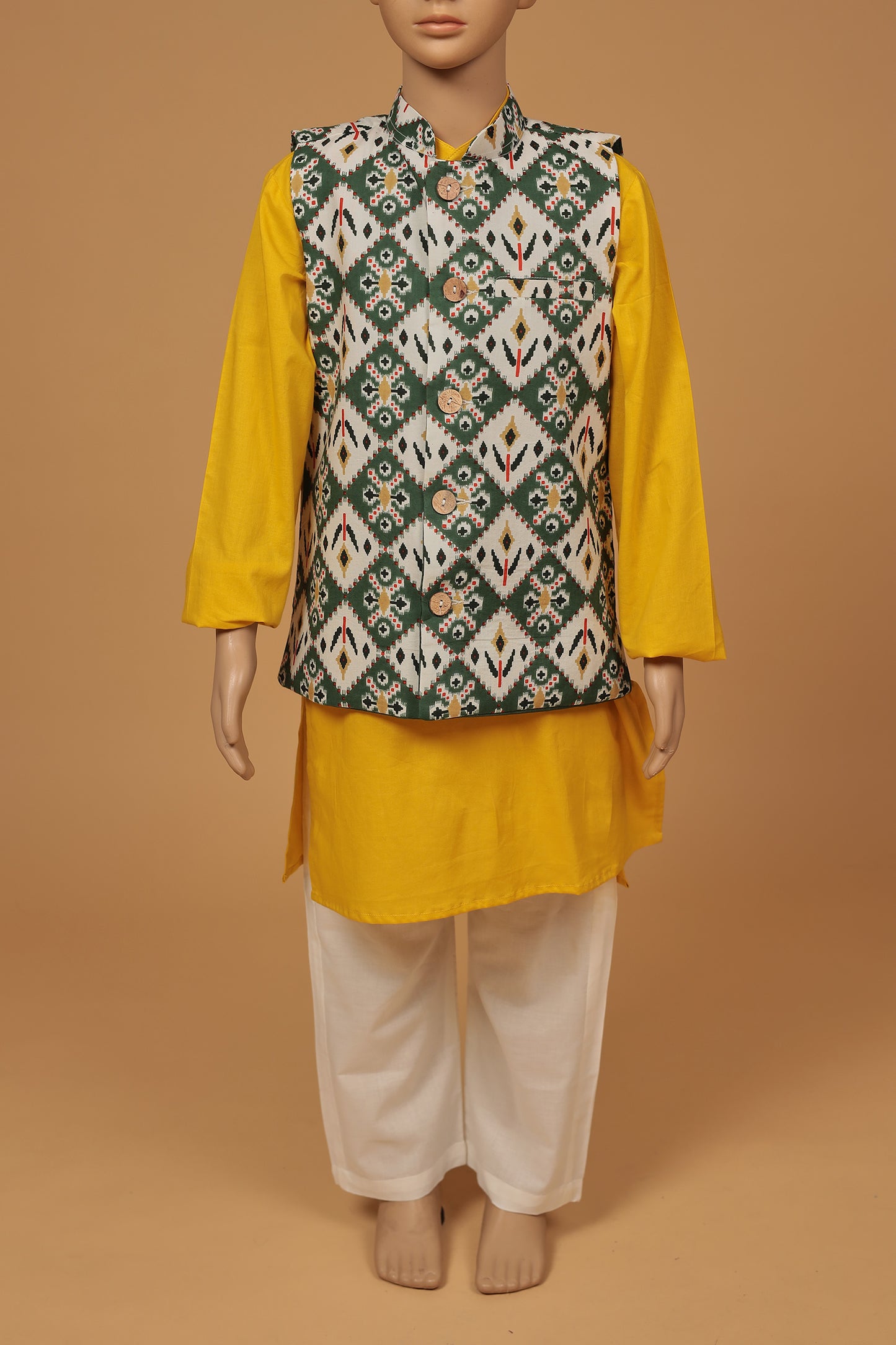 Chic Green and yellow Floral Print Cotton Jacket Kurta and Pajama Set