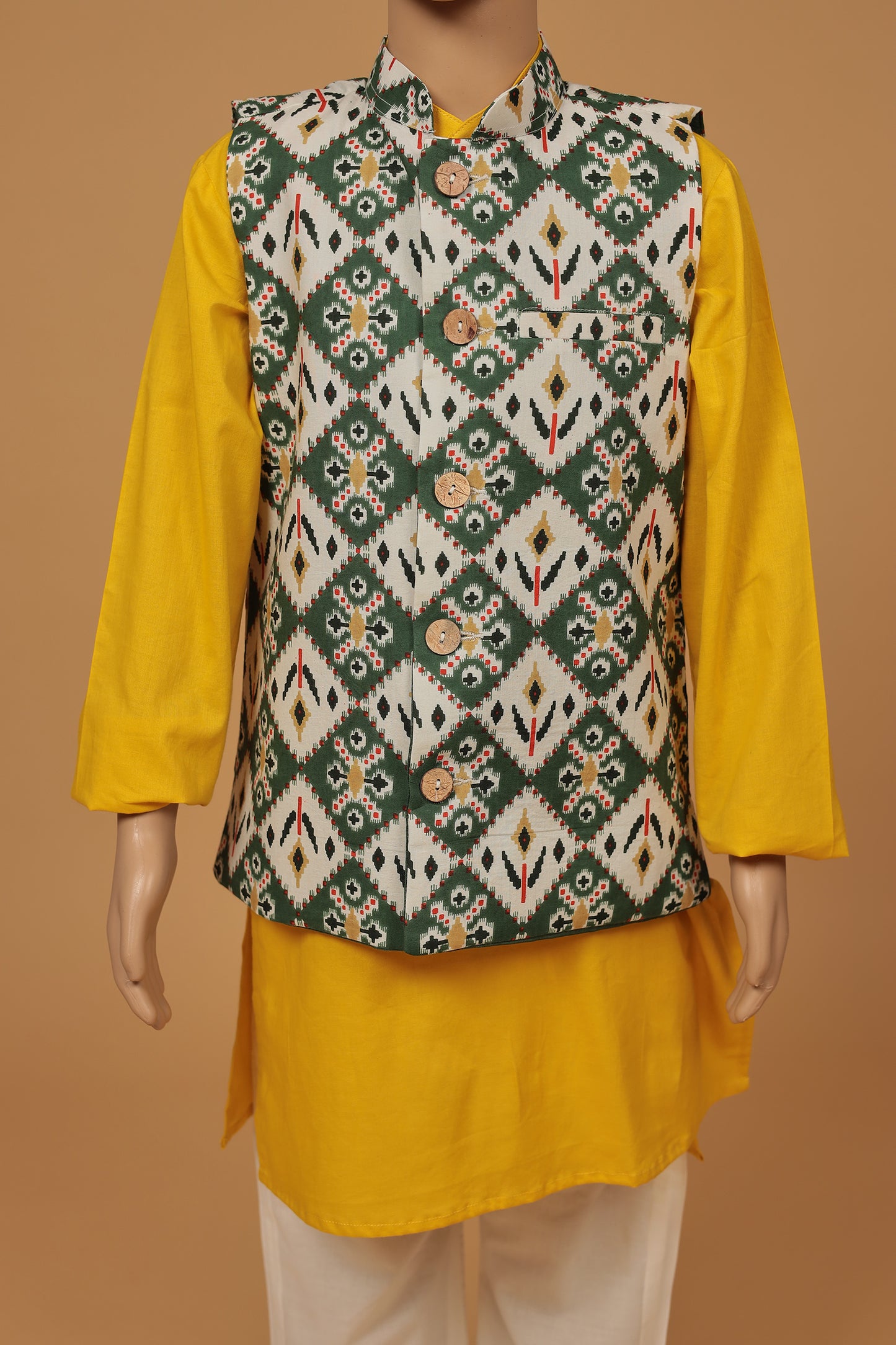 Chic Green and yellow Floral Print Cotton Jacket Kurta and Pajama Set