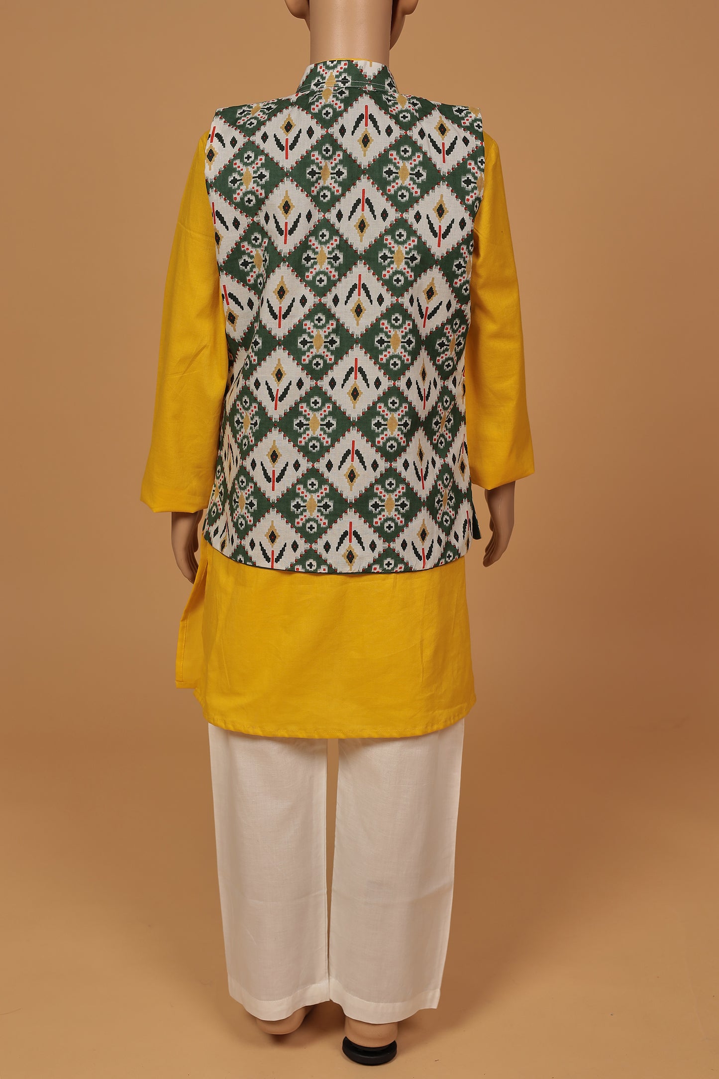 Chic Green and yellow Floral Print Cotton Jacket Kurta and Pajama Set