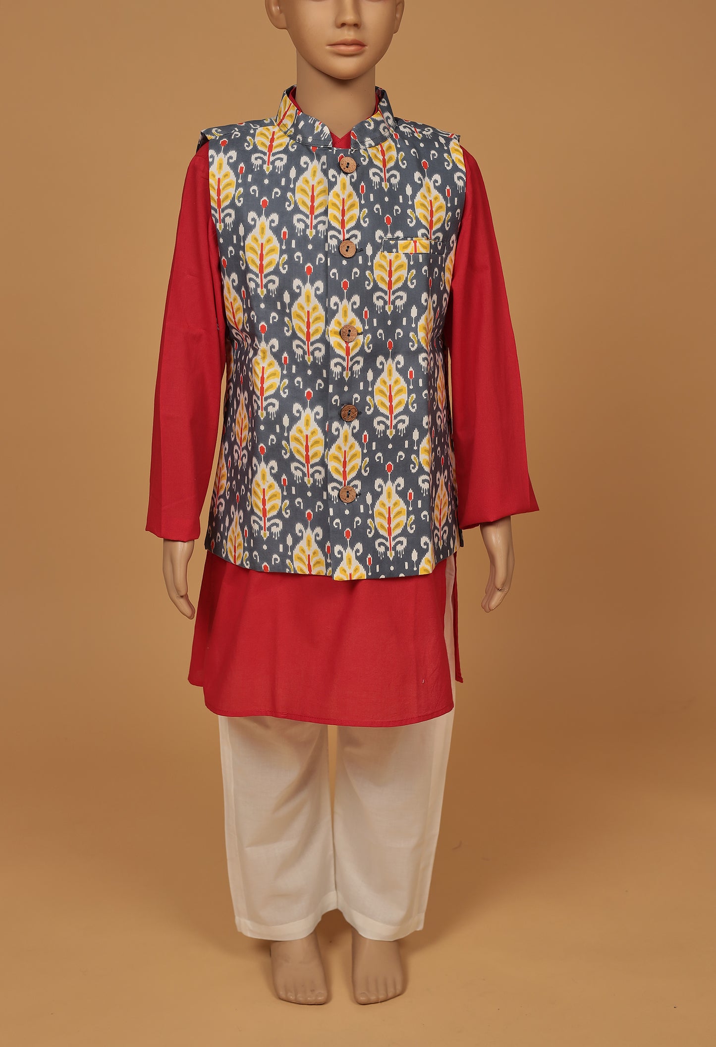 Chic Red and Grey Floral Print Cotton Jacket Kurta and Pajama Set