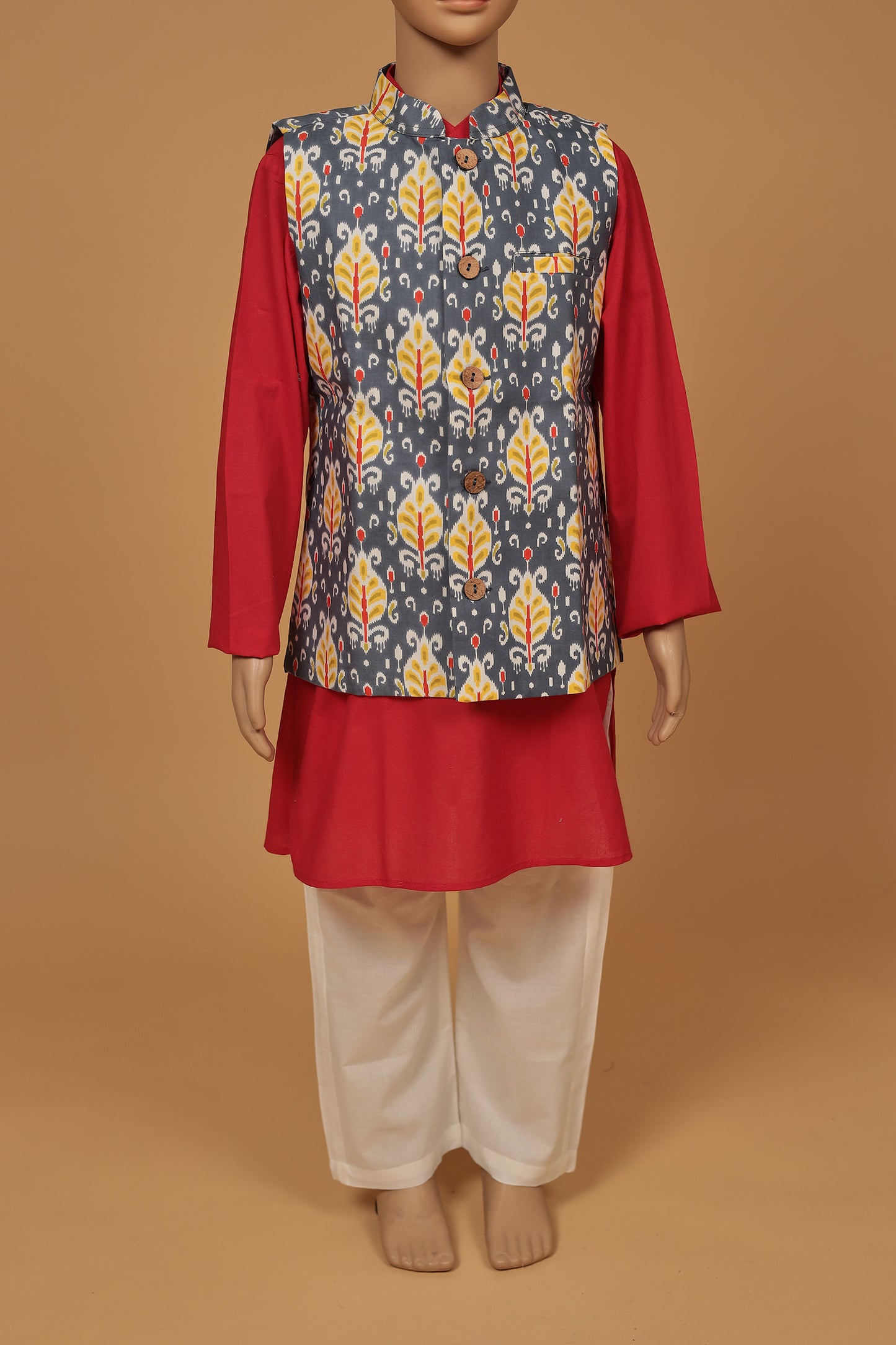 Chic Red and Grey Floral Print Cotton Jacket Kurta and Pajama Set