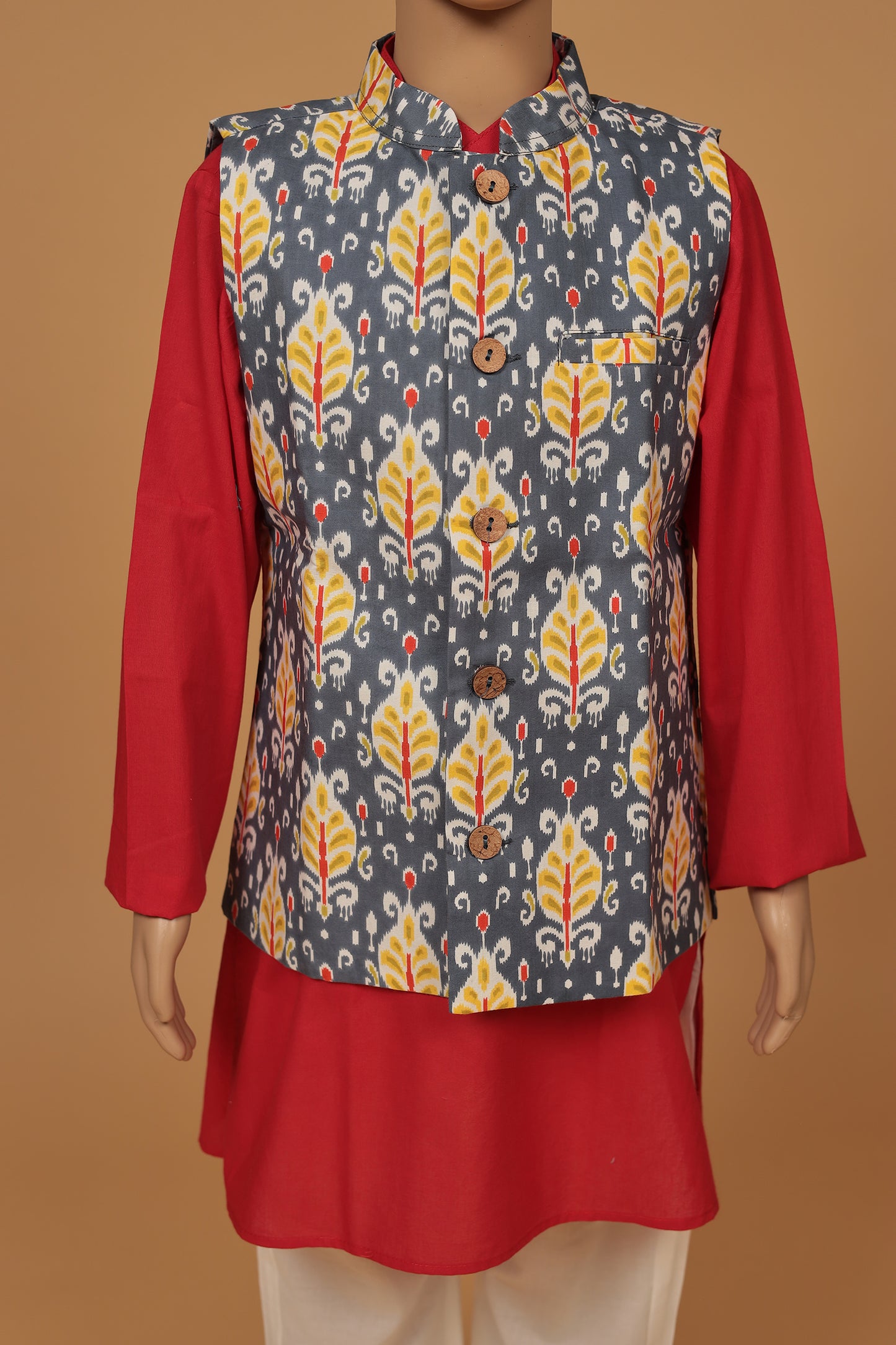 Chic Red and Grey Floral Print Cotton Jacket Kurta and Pajama Set