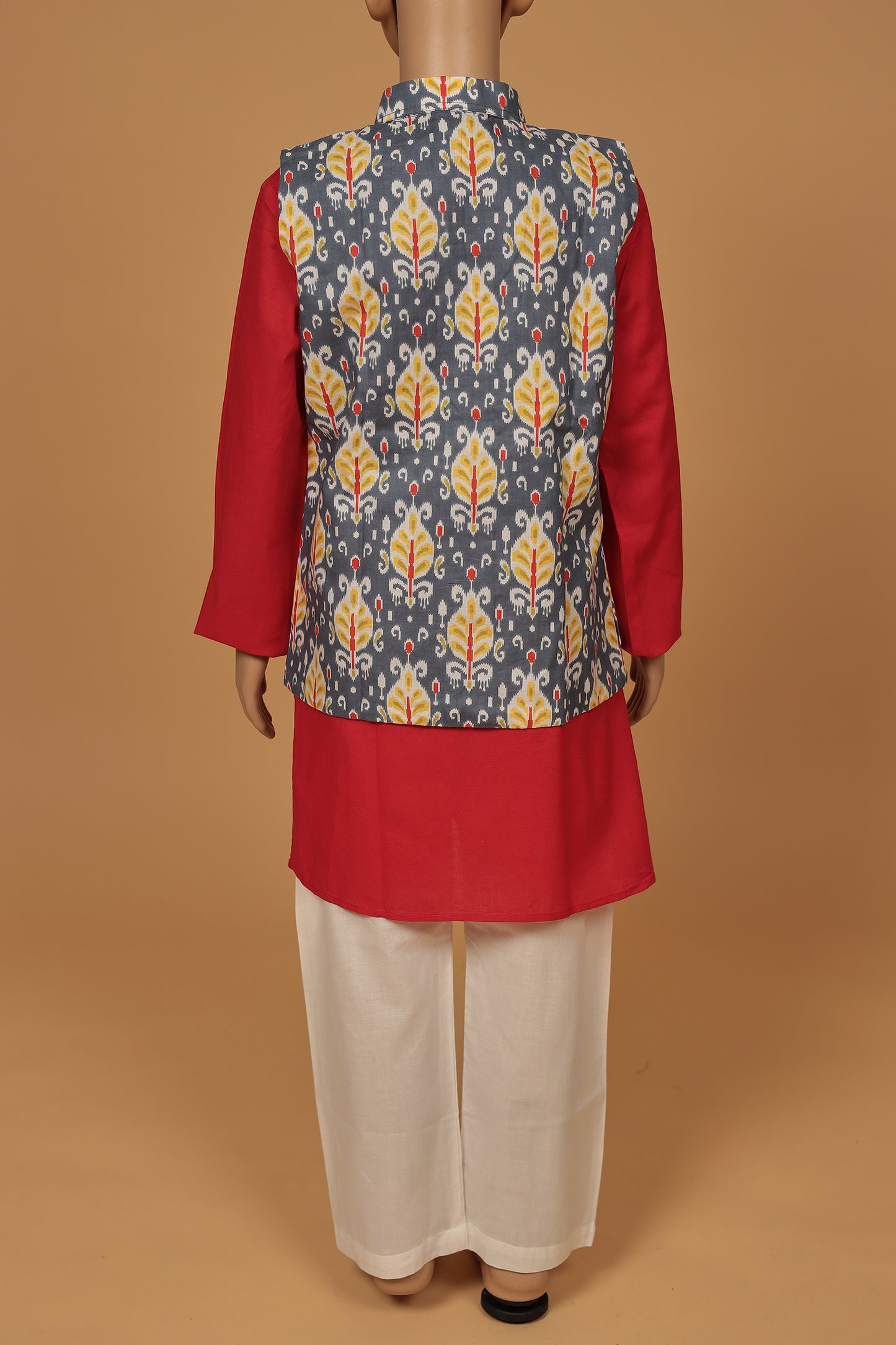 Chic Red and Grey Floral Print Cotton Jacket Kurta and Pajama Set