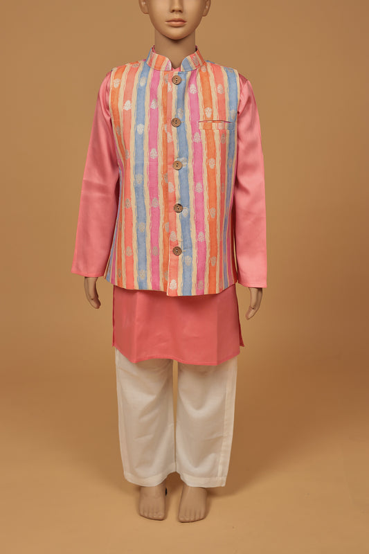 Stylish Pink Stripe Cotton Jacket Kurta and Pajama Set