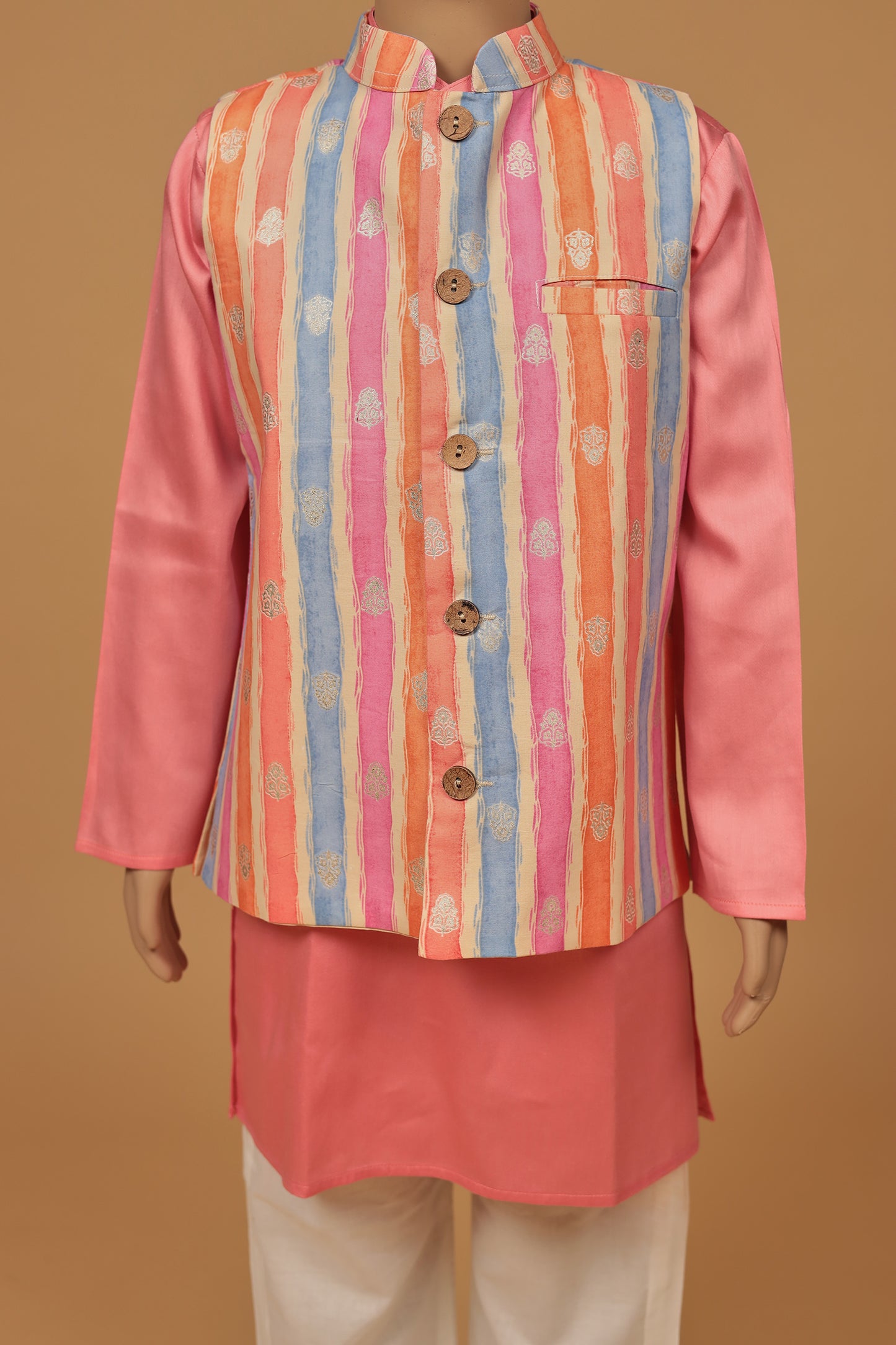 Stylish Pink Stripe Cotton Jacket Kurta and Pajama Set