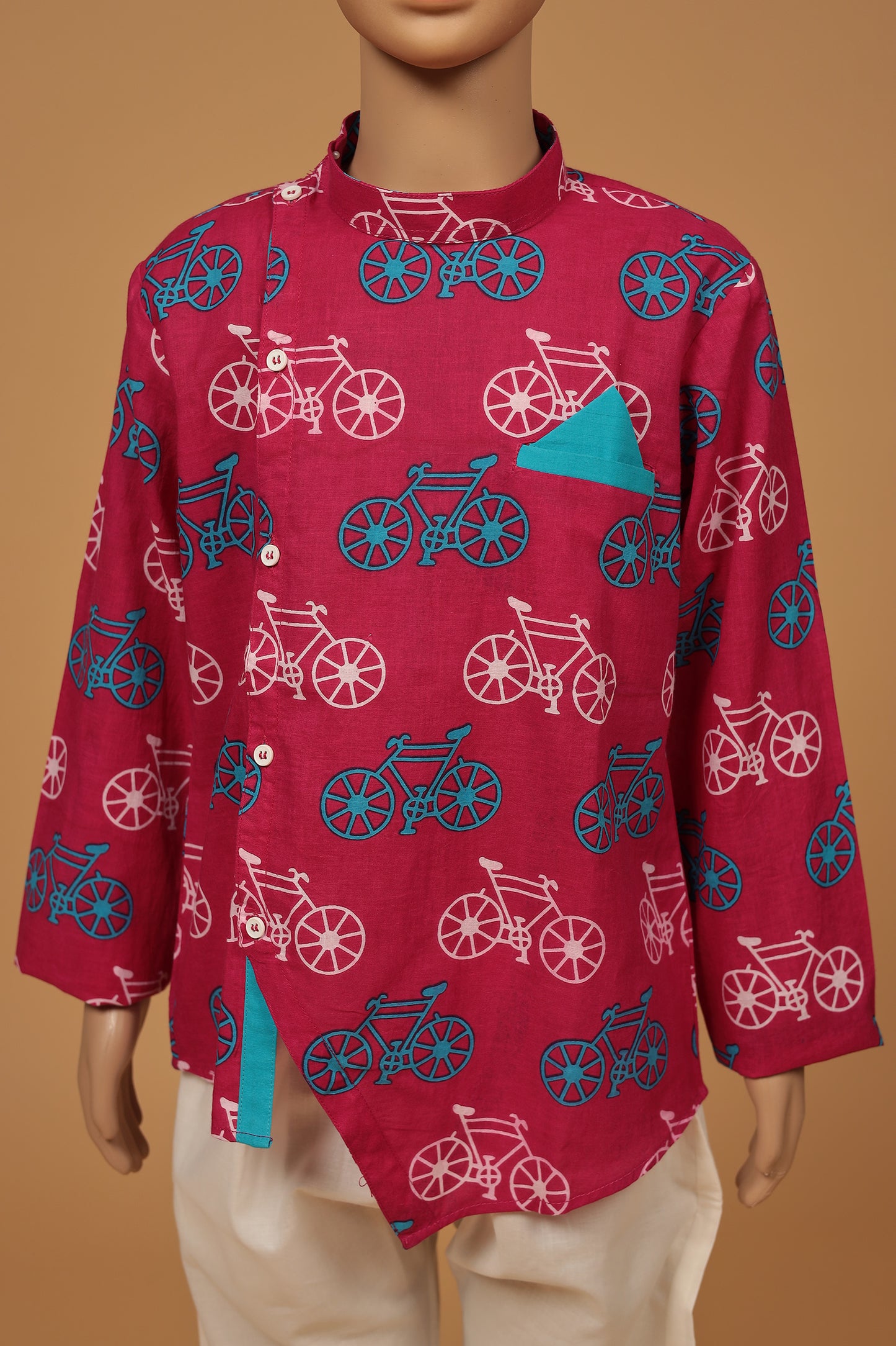 Playful Blue and Pink Cycle Print Short Cotton Kurta