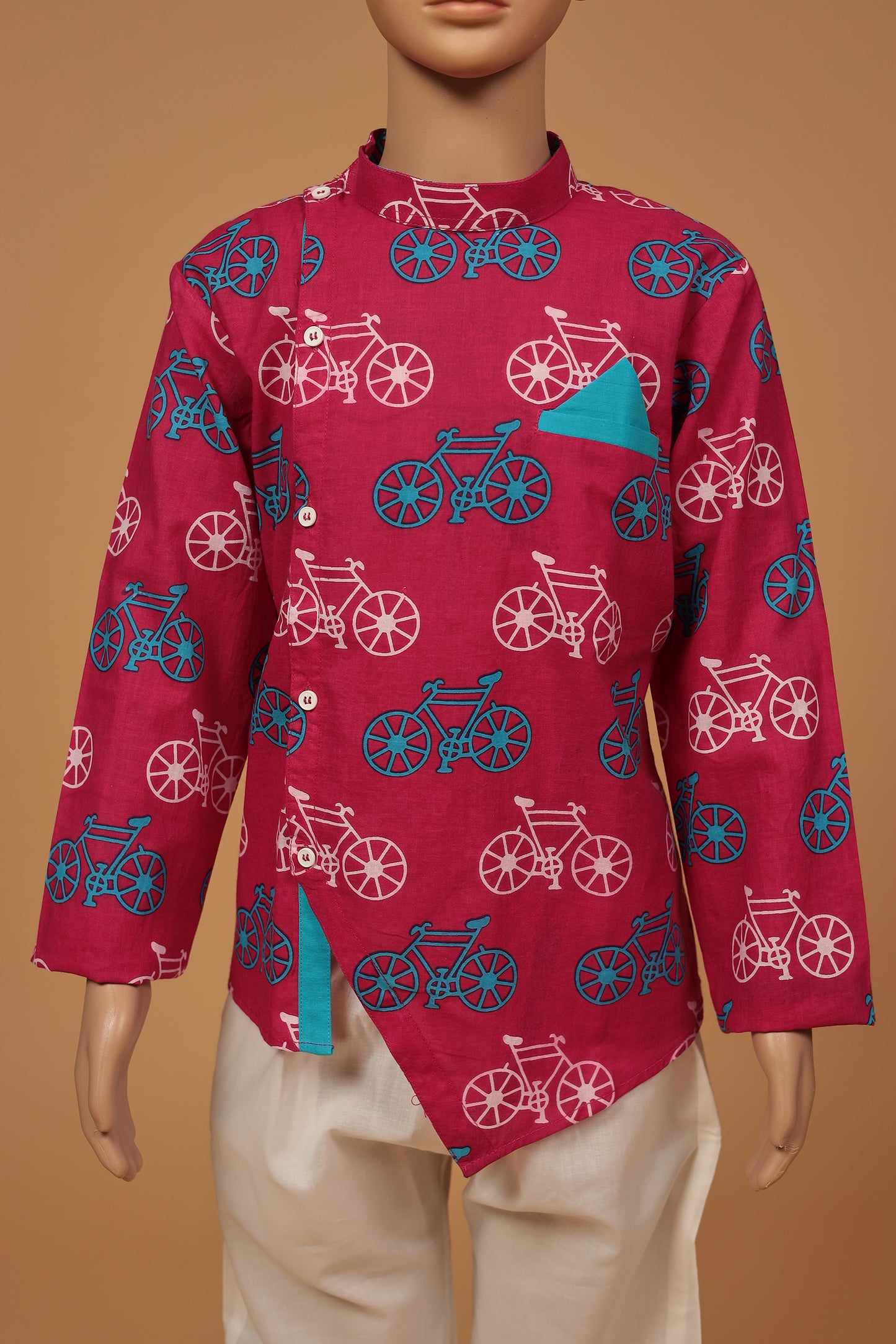 Playful Blue and Pink Cycle Print Short Cotton Kurta