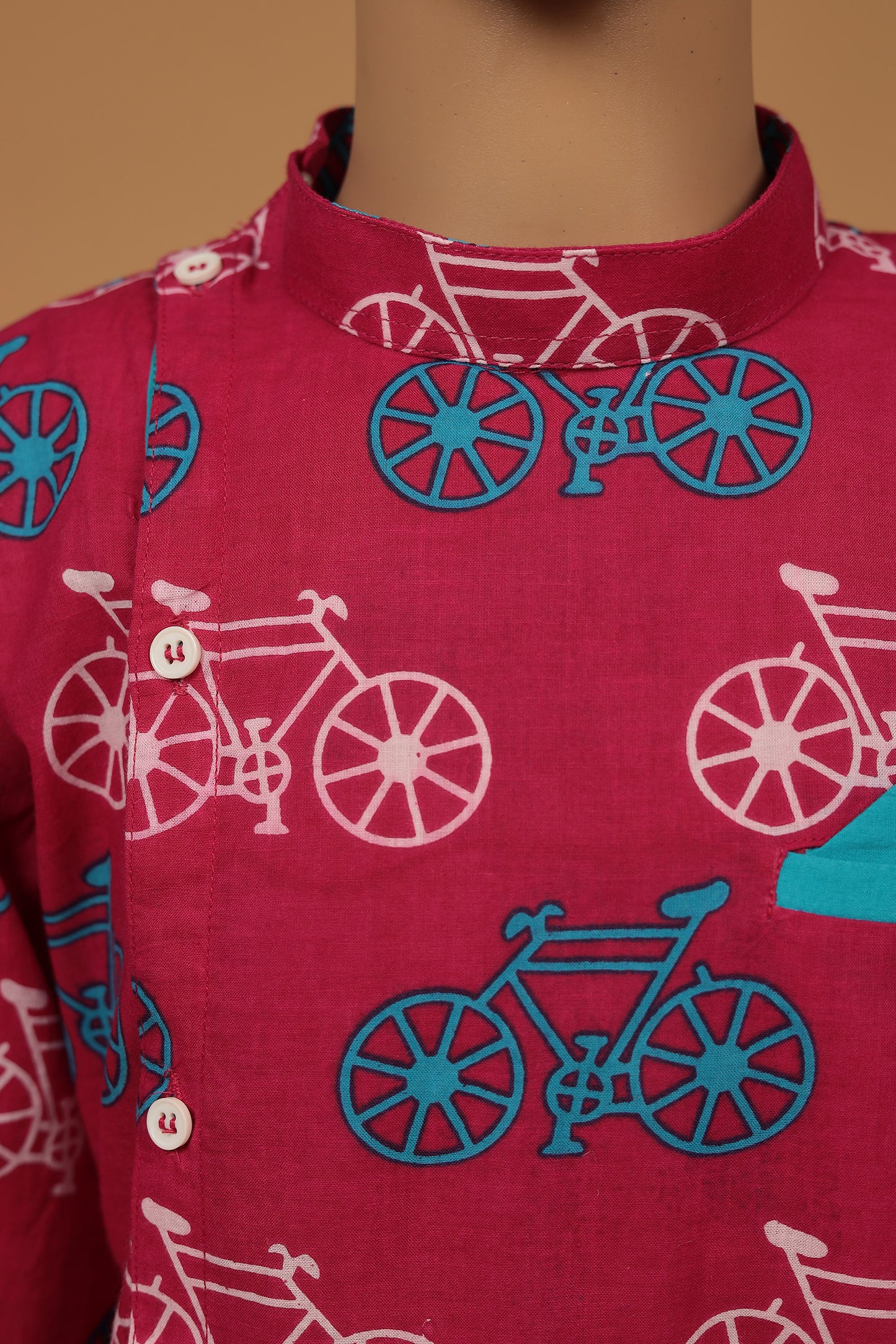 Playful Blue and Pink Cycle Print Short Cotton Kurta